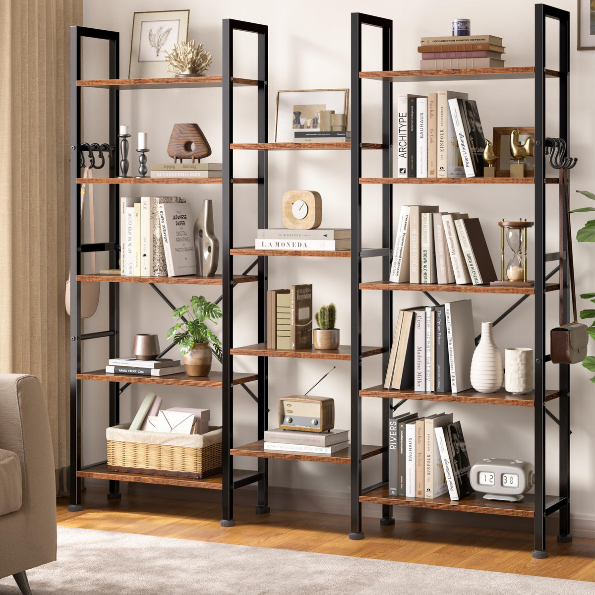 5 Tier Wide Bookshelf with 6 Hooks A836