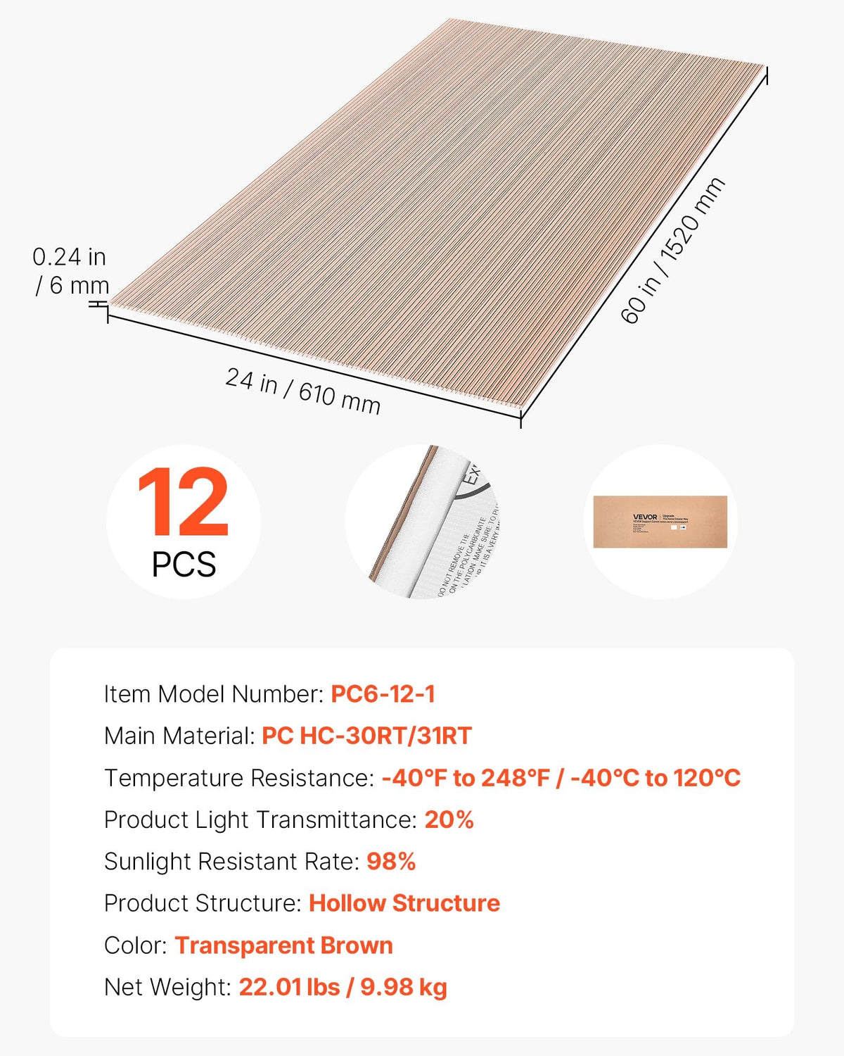 12Pcs Polycarbonate Roofing Panels Double Layer C80426