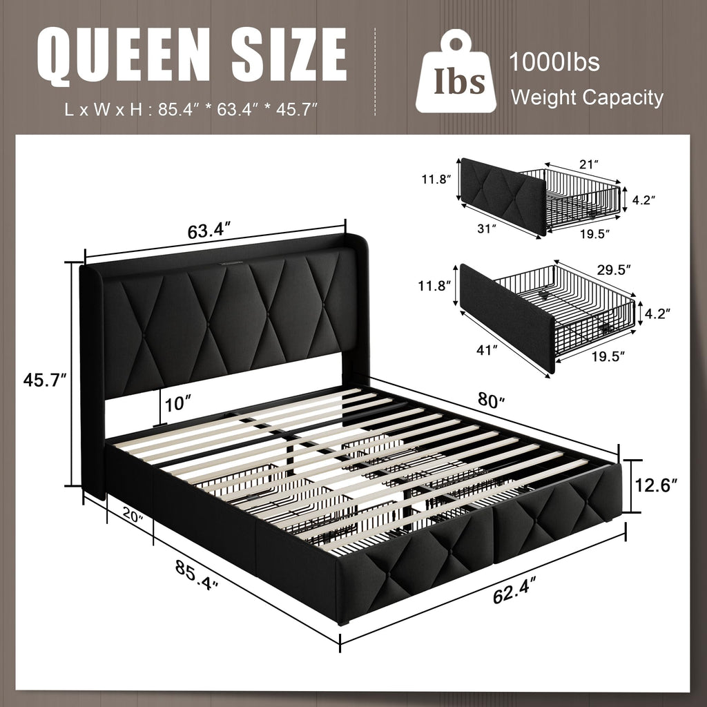 Queen Bed Frame with 4 Storage Drawers and Charging Station F523