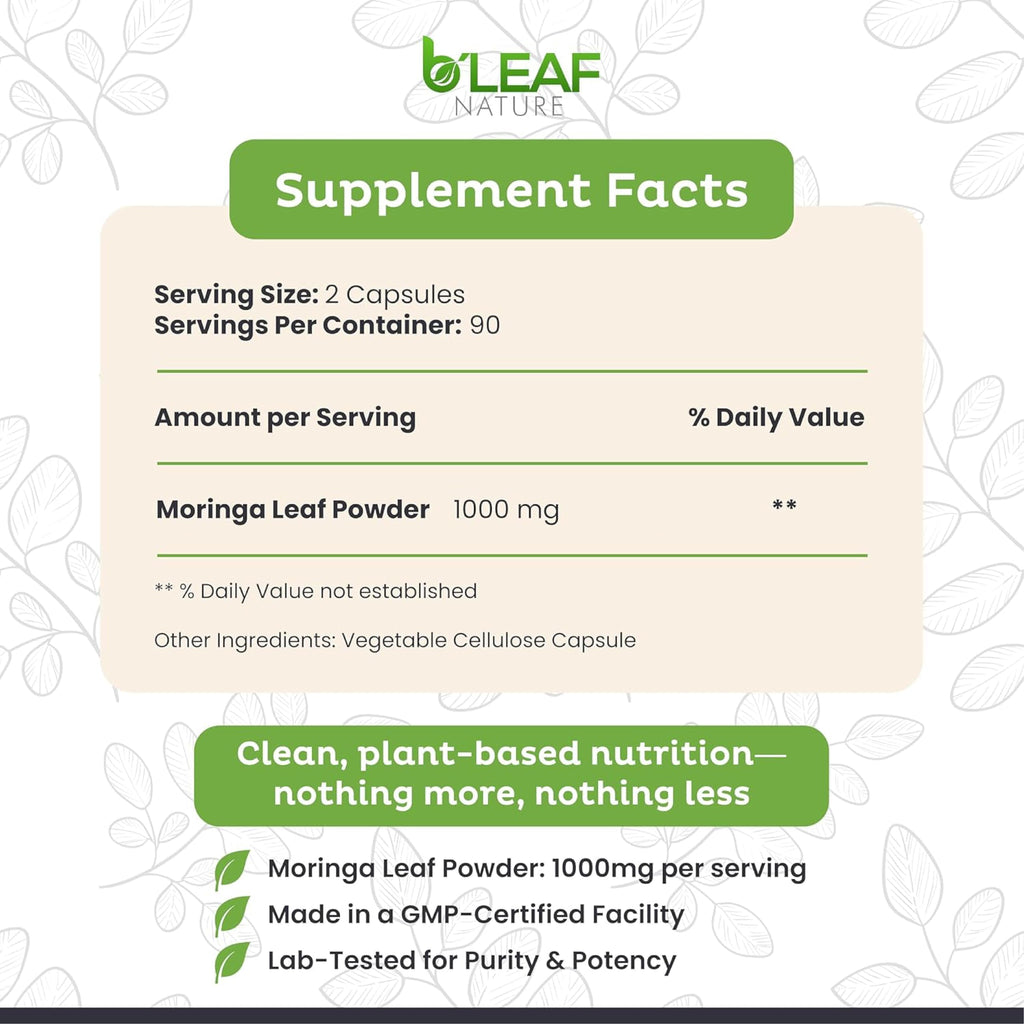 Moringa Leaf Vegan Capsules 1000mg 180 Count E42474