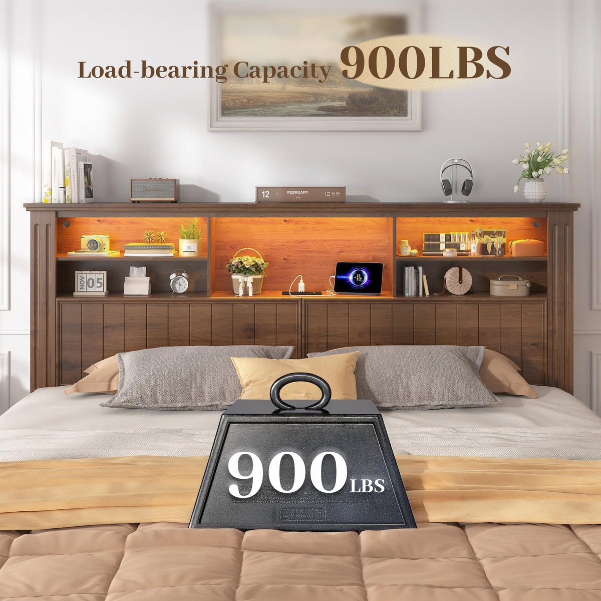 King Bed Frame with 4 Storage Drawers and Headboard Shelf, Brown T647