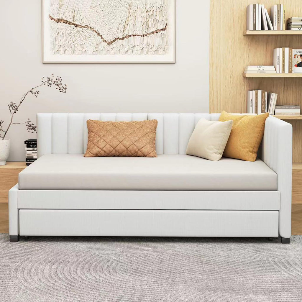 Upholstered Daybed with Trundle Linen Fabric Beige Twin V50681