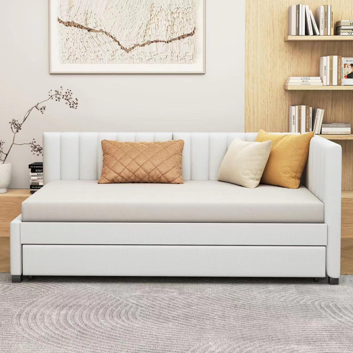 Upholstered Daybed with Trundle Linen Fabric Beige Twin V50681