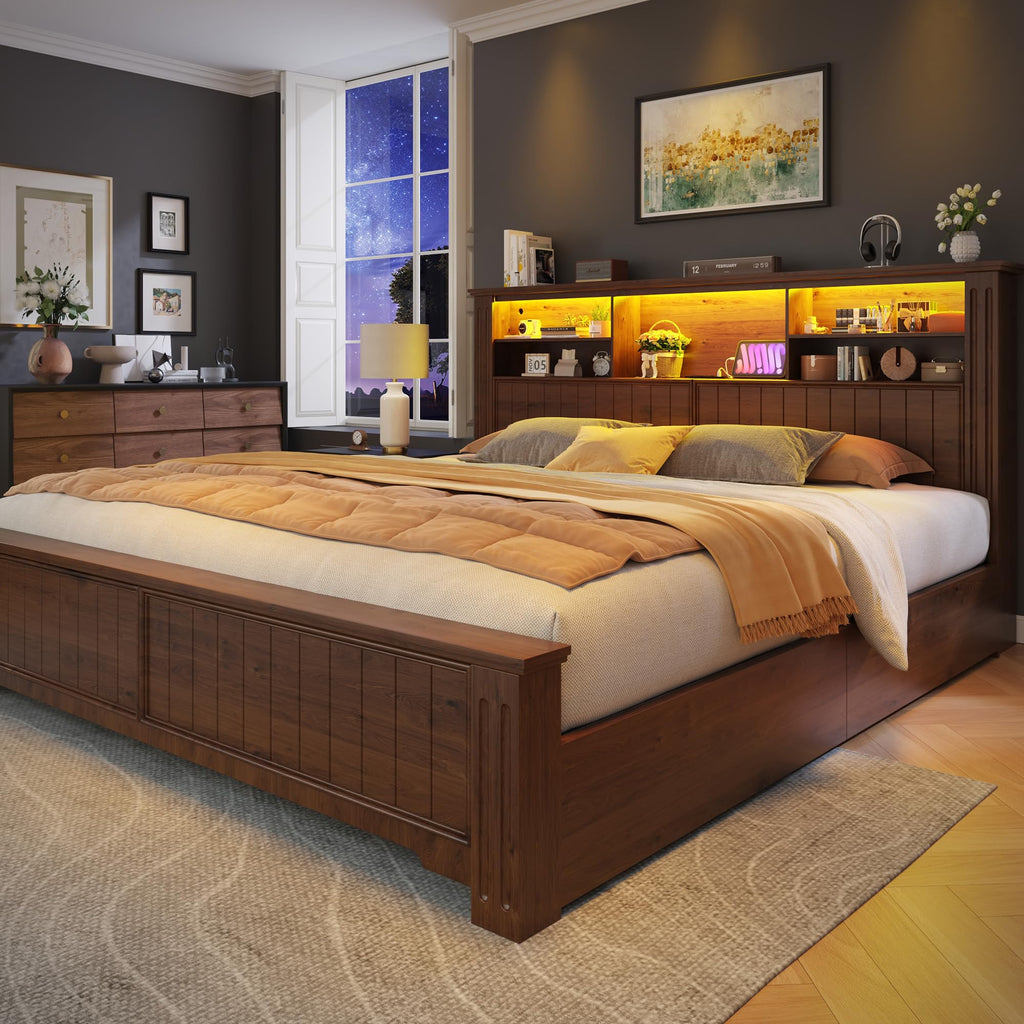 King Bed Frame with 4 Storage Drawers and Headboard Shelf, Brown T647