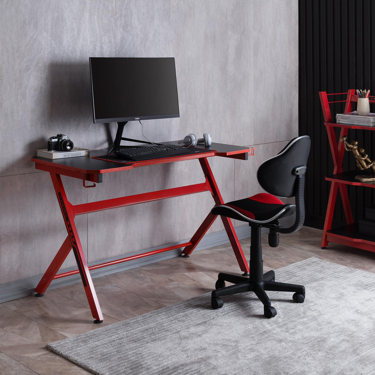 48" Black Red Gaming Computer Desk with Cup Holder A62475