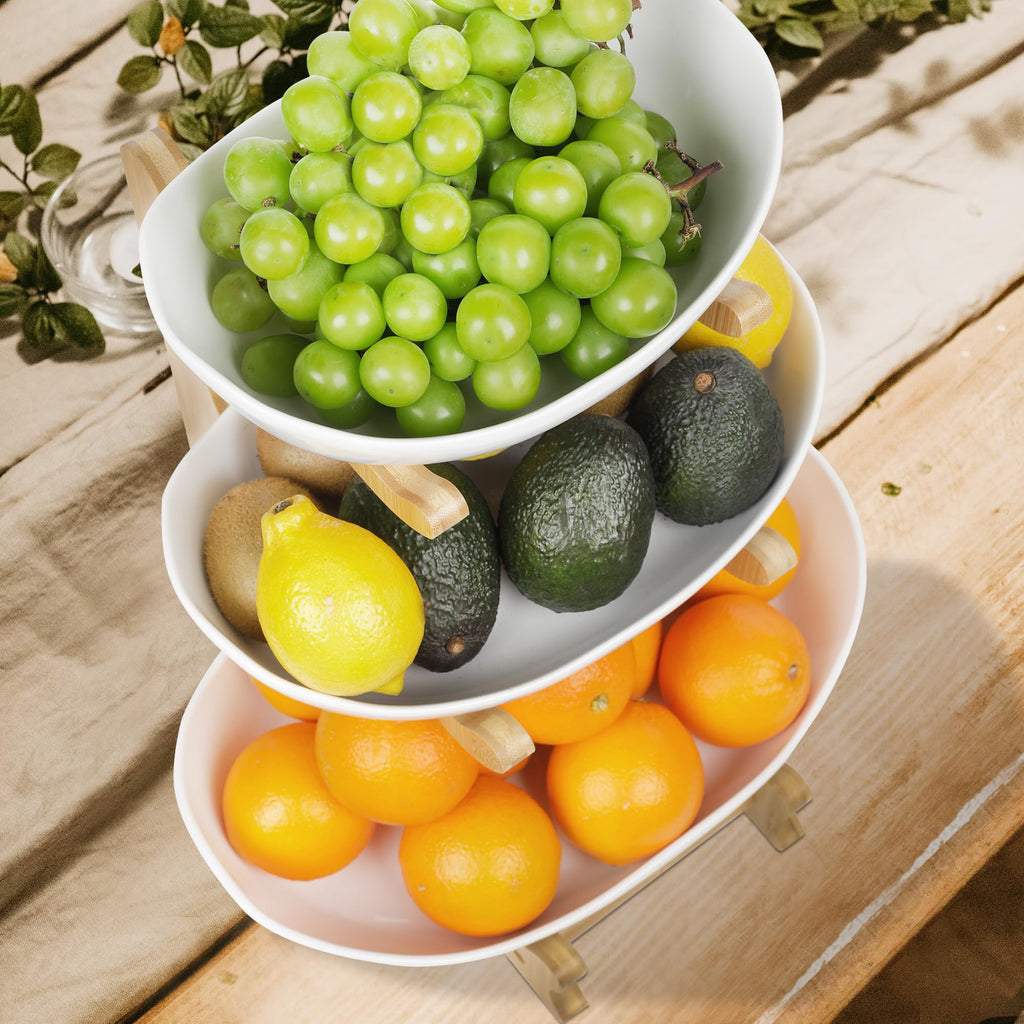 3 Tier Ceramic Fruit Bowl with Bamboo Stand U57639