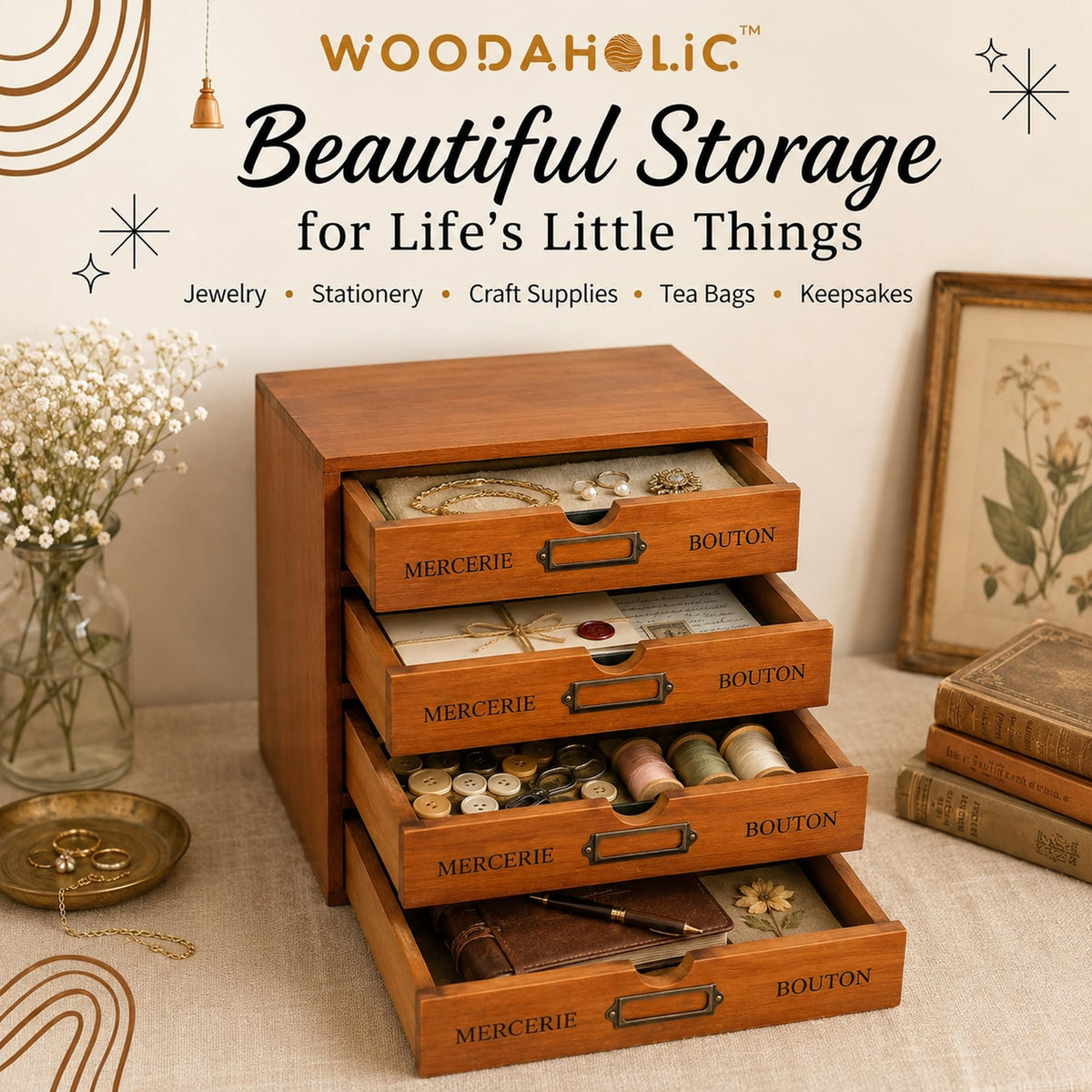 Modular Stackable 4 Drawer Wood Storage Box C30787