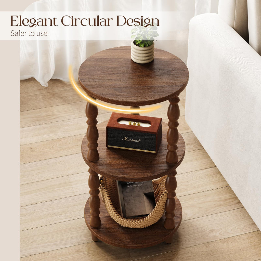 Small Round 3-Tier Wood Side Table with Storage Shelf A157220