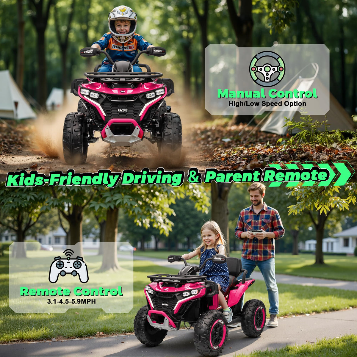 24V Kids ATV Four Wheeler with EVA Tires, 2 Seater, 800W Motors, Remote Control, Pink W606050