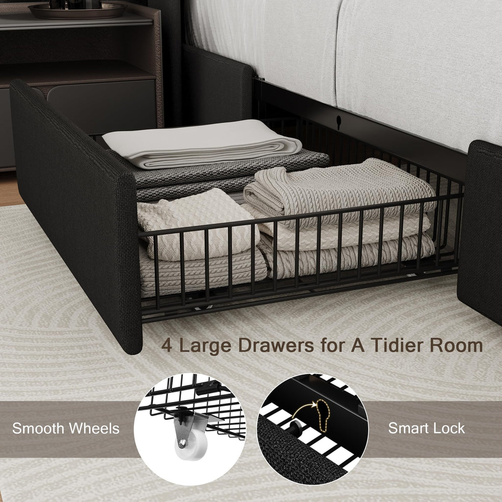 Queen Bed Frame with 4 Storage Drawers and Charging Station F523