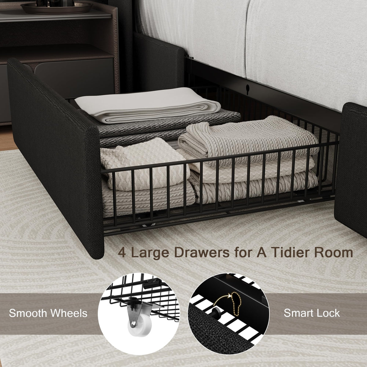 Queen Bed Frame with 4 Storage Drawers and Charging Station F523