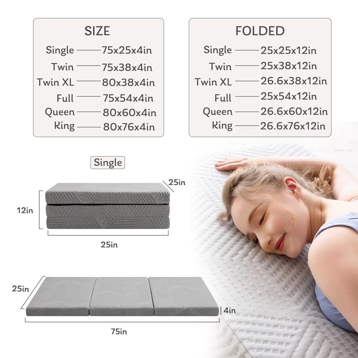 4 Inch Gel Memory Foam Trifold Mattress T306