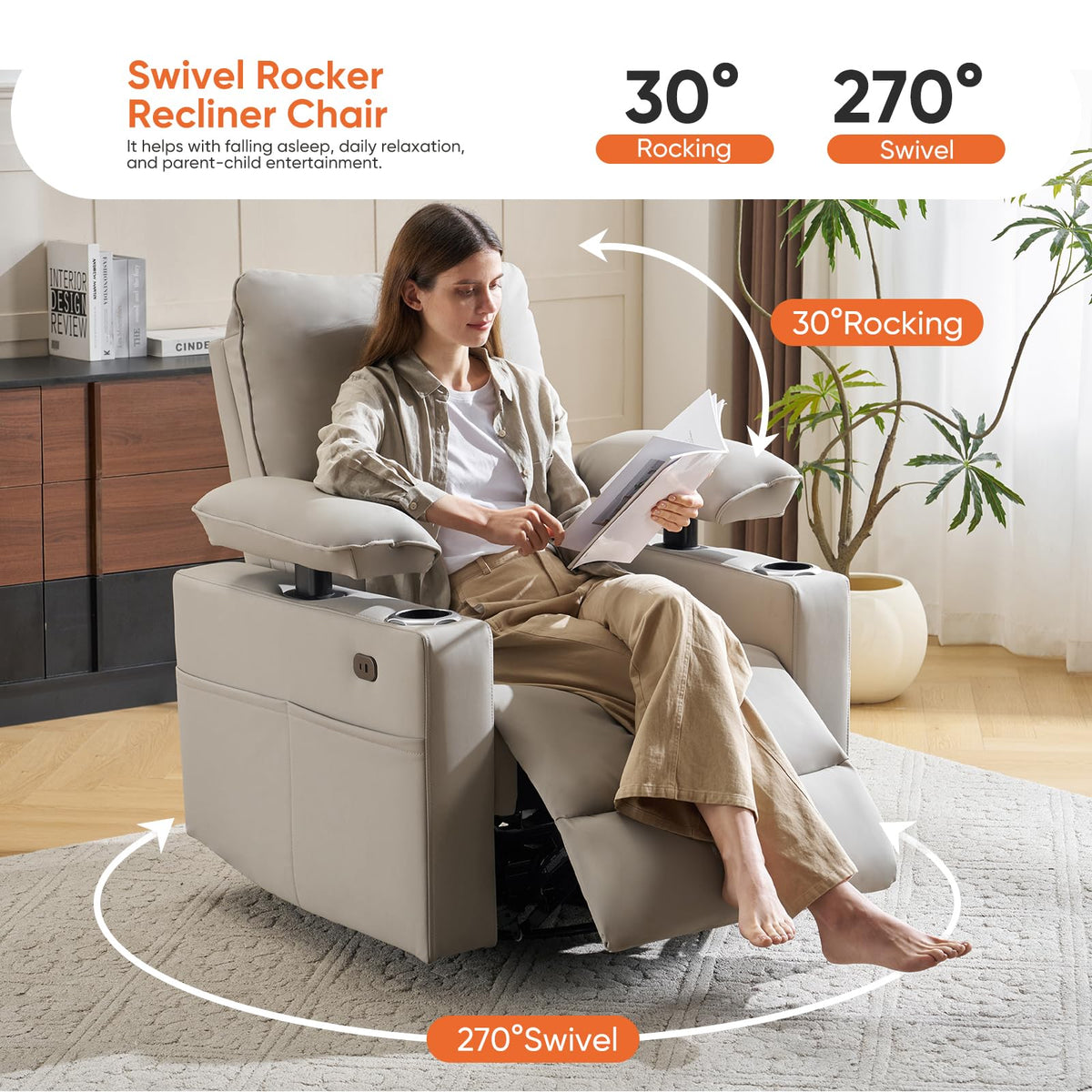 Oversized Power Swivel Rocker Recliner with Heating and Massage, Faux Leather, Grey U421