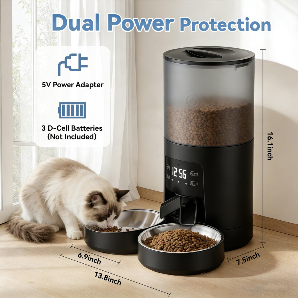 6L Automatic Cat Feeder with 2 Stainless Bowls Black F60032