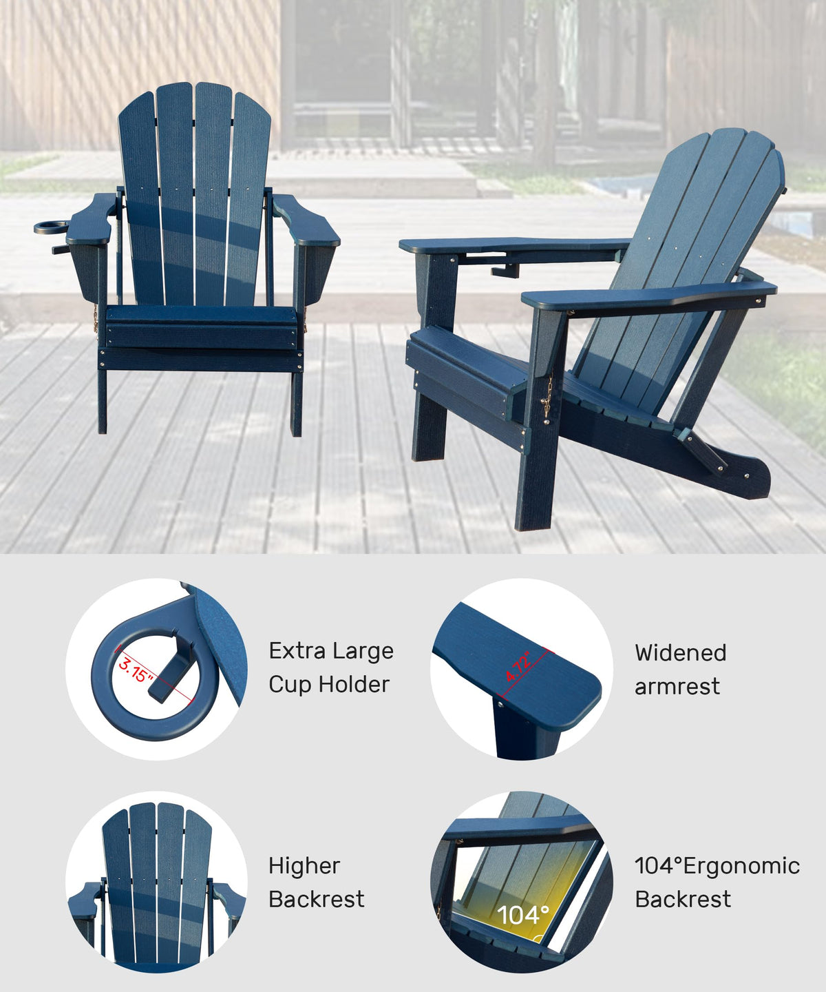 Folding Adirondack Chairs Set of 2 HDPE with Cup Holder Dark Blue X7800