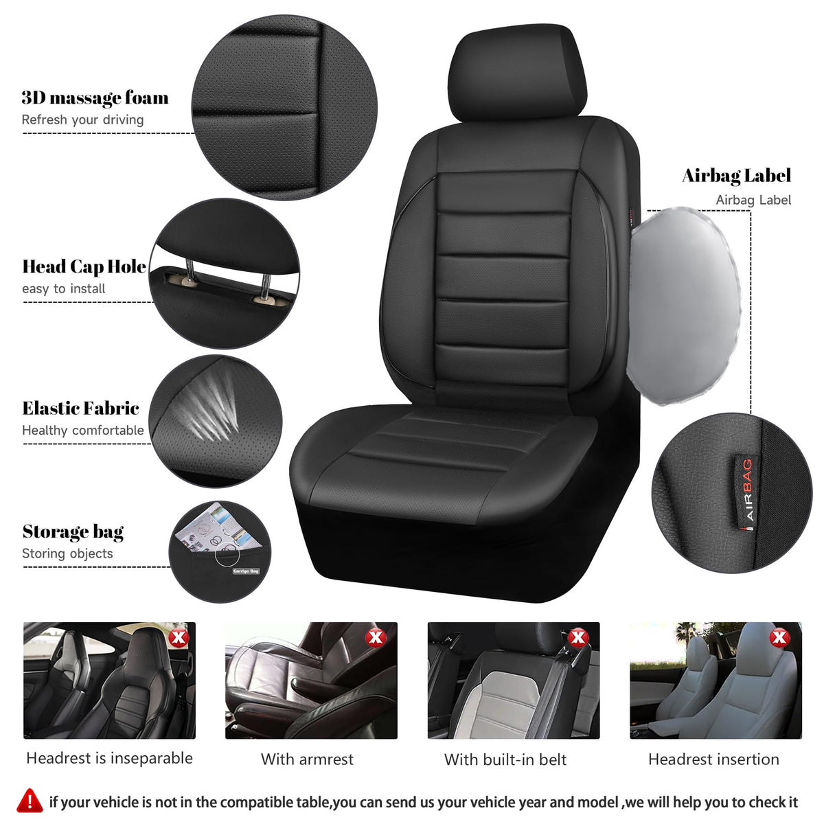 Leather Seat Covers Full Set Water Resistant 3D Foam Back Support 5 Seat Covers C336