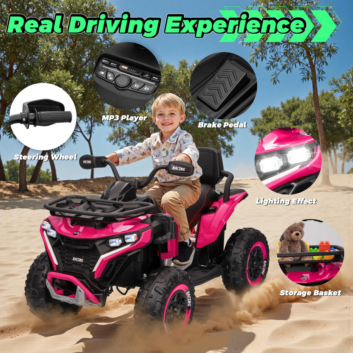24V Kids ATV Four Wheeler with EVA Tires, 2 Seater, 800W Motors, Remote Control, Pink W606050