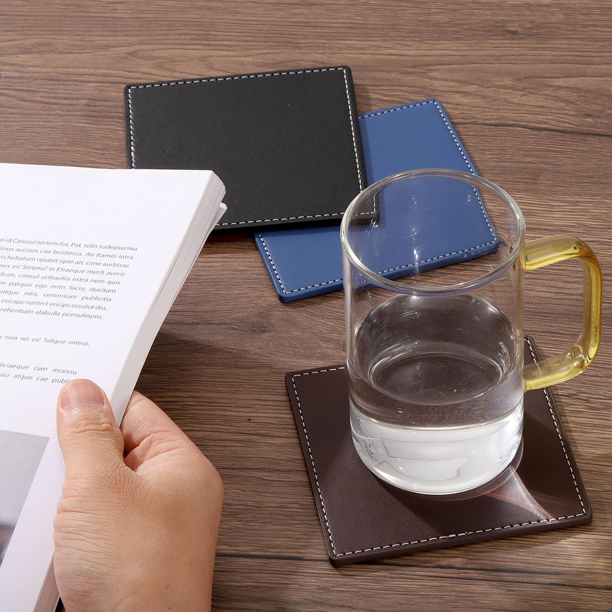White Stitched Dual Sided Leather Coasters Set of 6 X1542