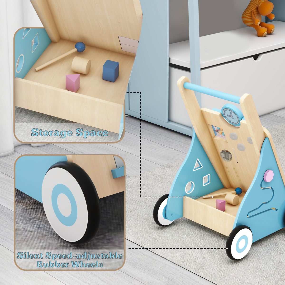 Blue Wooden Baby Walker with Activity Center Q854301
