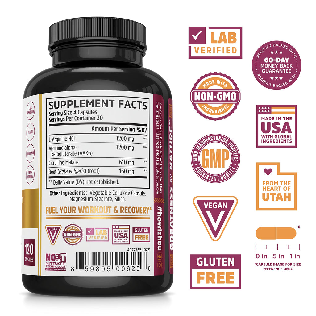 Nitric Oxide Supplement with Beet Root & L Arginine, 120 Veggie Capsules M133712