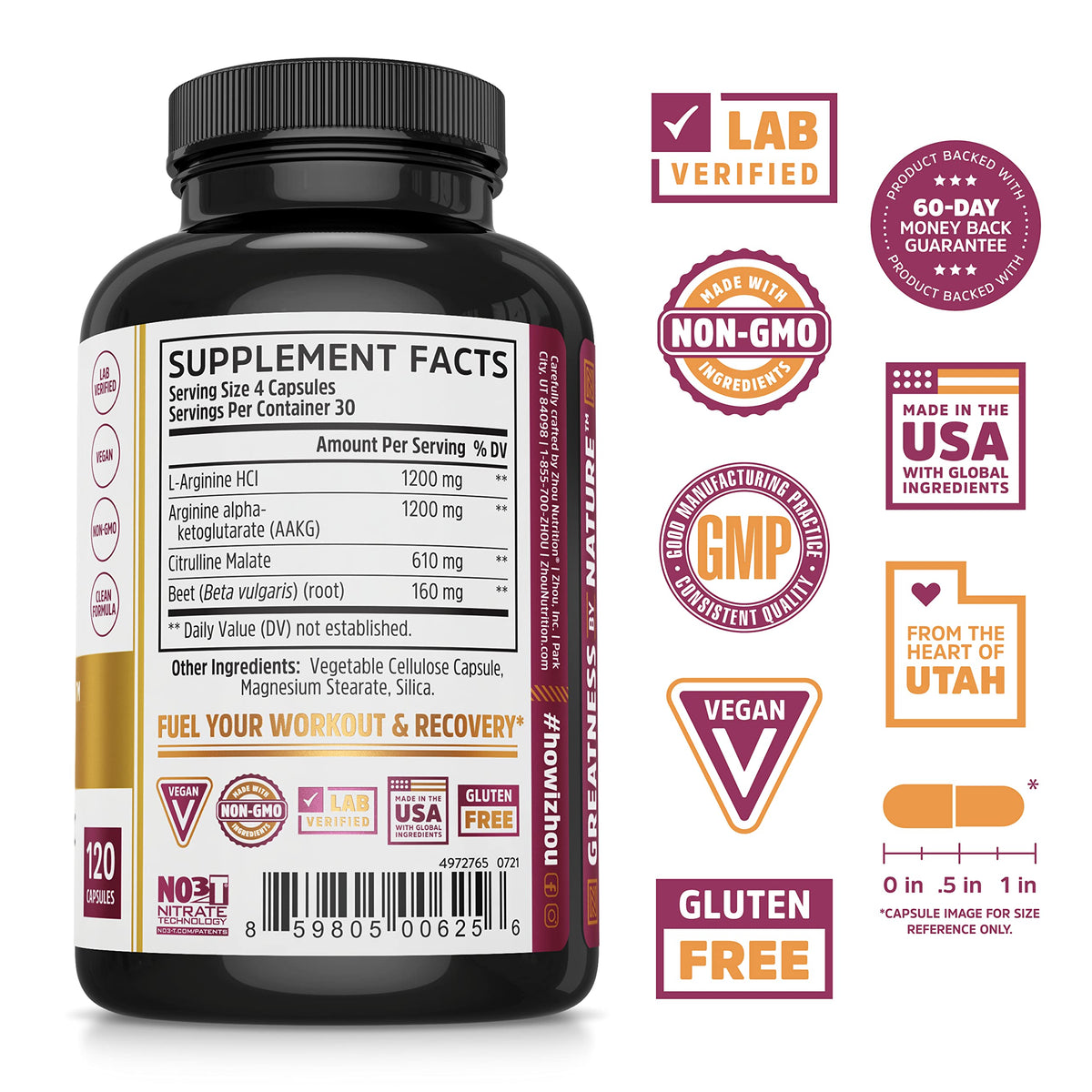 Nitric Oxide Supplement with Beet Root & L Arginine, 120 Veggie Capsules M133712