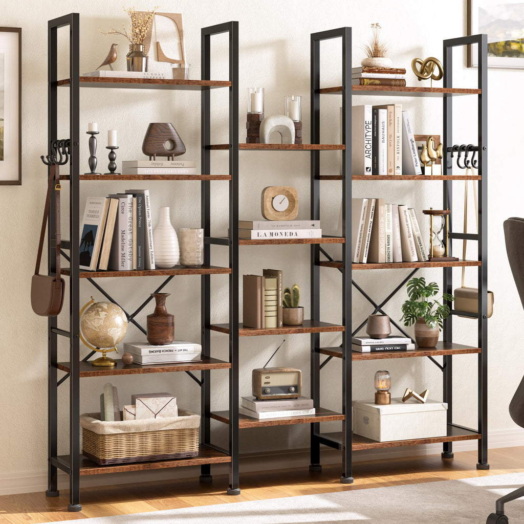 5 Tier Wide Bookshelf with 6 Hooks A836