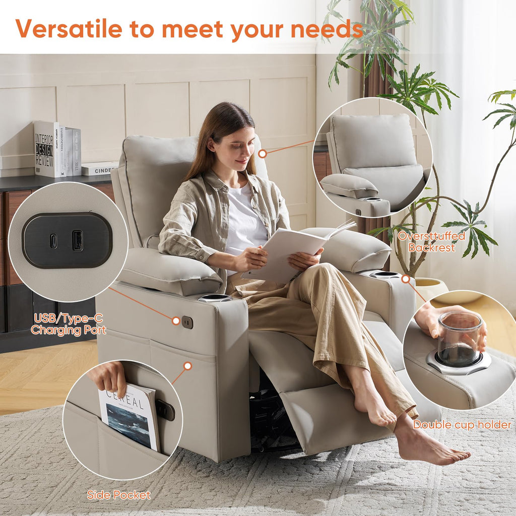 Oversized Power Swivel Rocker Recliner with Heating and Massage, Faux Leather, Grey U421