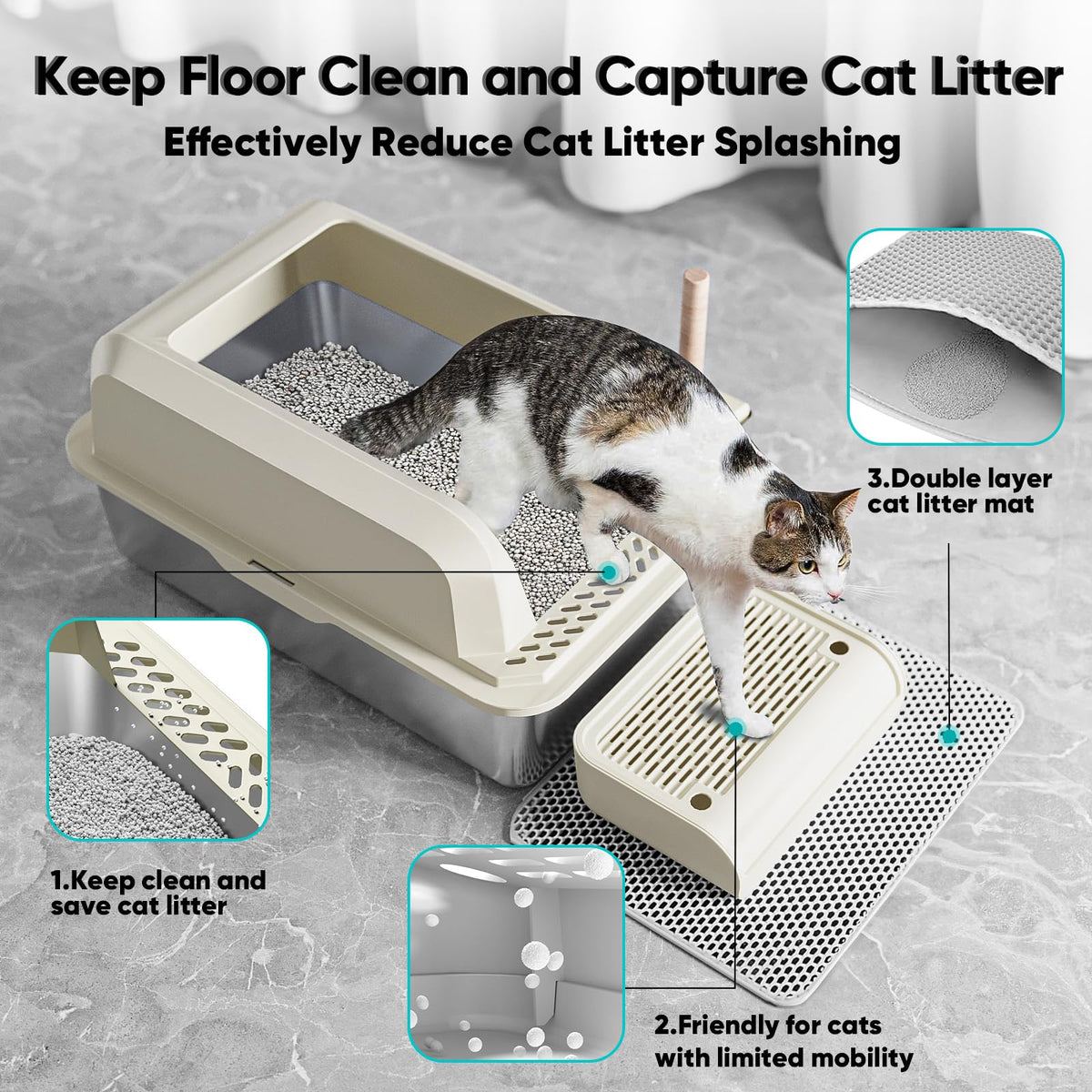XL Stainless Steel Enclosed Cat Litter Box with Lid, Scoop and Mat N20617