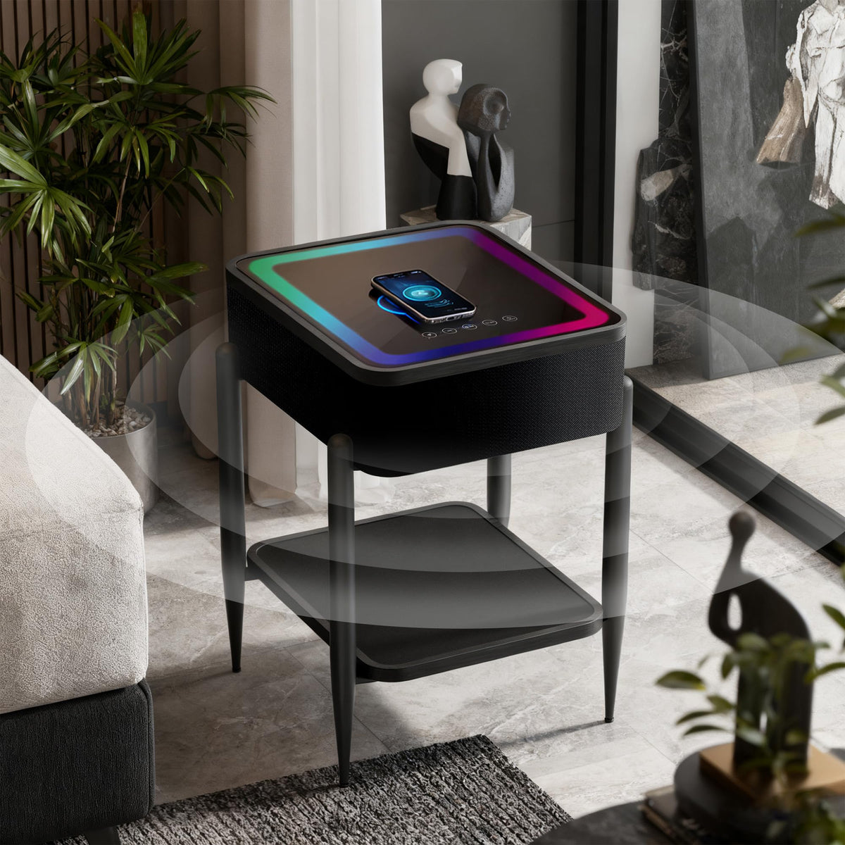 Black LED Smart Nightstand with Bluetooth Speaker & Wireless Charging K2525