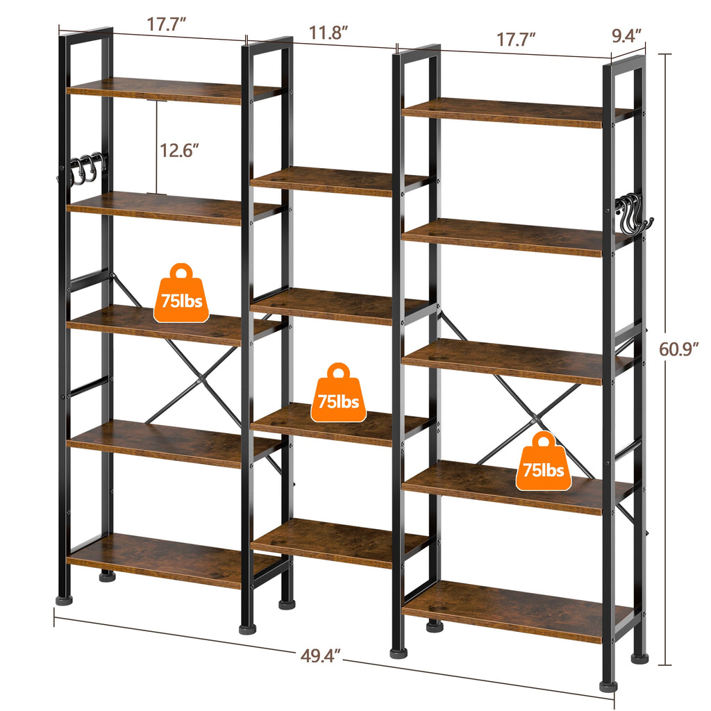 5 Tier Wide Bookshelf with 6 Hooks A836