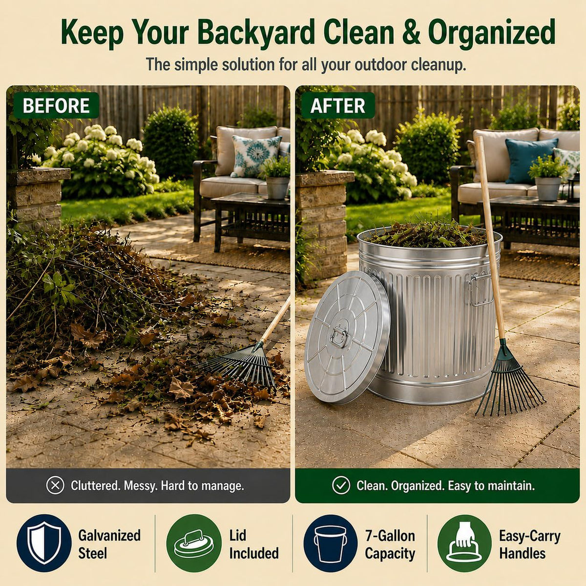 7 Gallon Galvanized Steel Trash Can with Lid A711