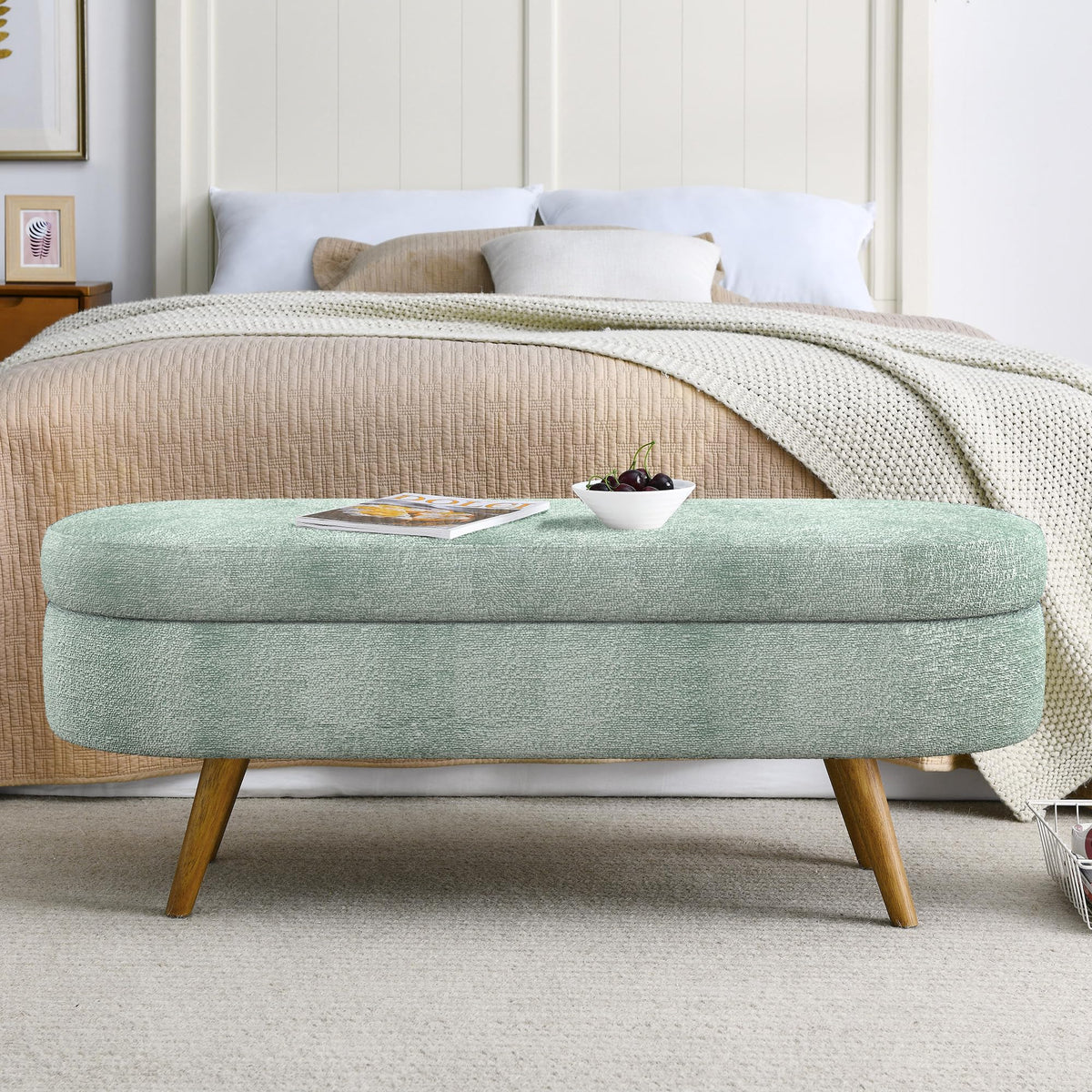 Oval Storage Bench with Rubber Wood Legs Gray A379