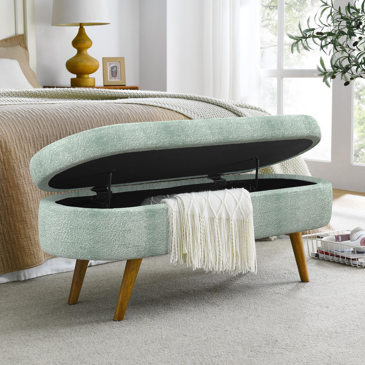 Oval Storage Bench with Rubber Wood Legs Gray A379