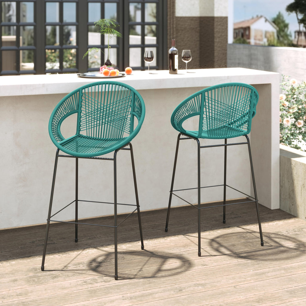Teal Faux Wicker Outdoor Bar Stool Set of 2 L4496