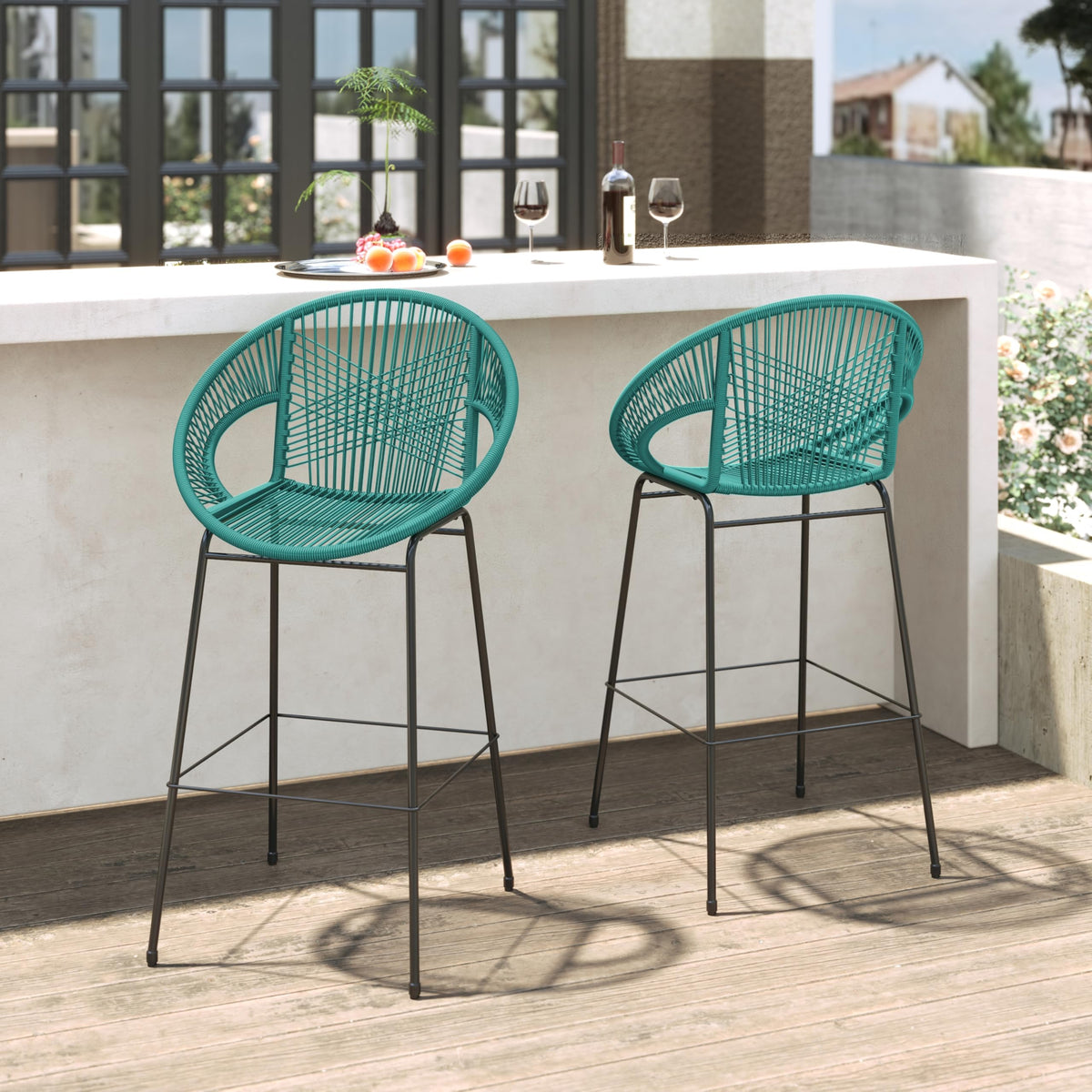 Teal Faux Wicker Outdoor Bar Stool Set of 2 L4496