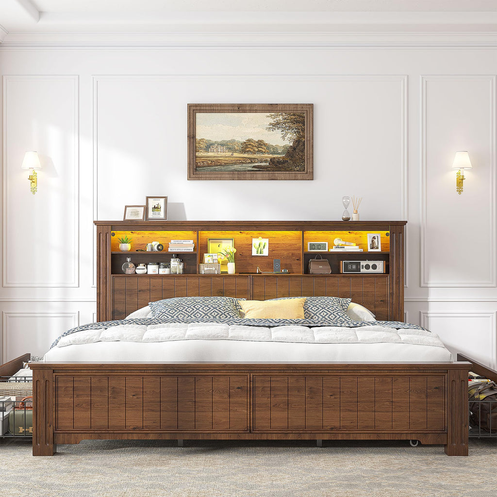 King Bed Frame with 4 Storage Drawers and Headboard Shelf, Brown T647