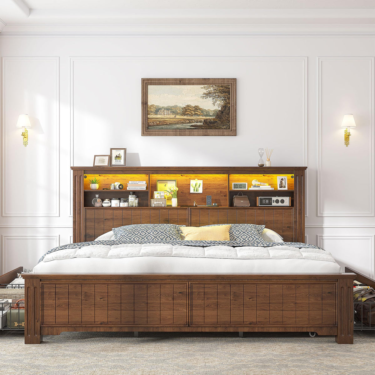 King Bed Frame with 4 Storage Drawers and Headboard Shelf, Brown T647