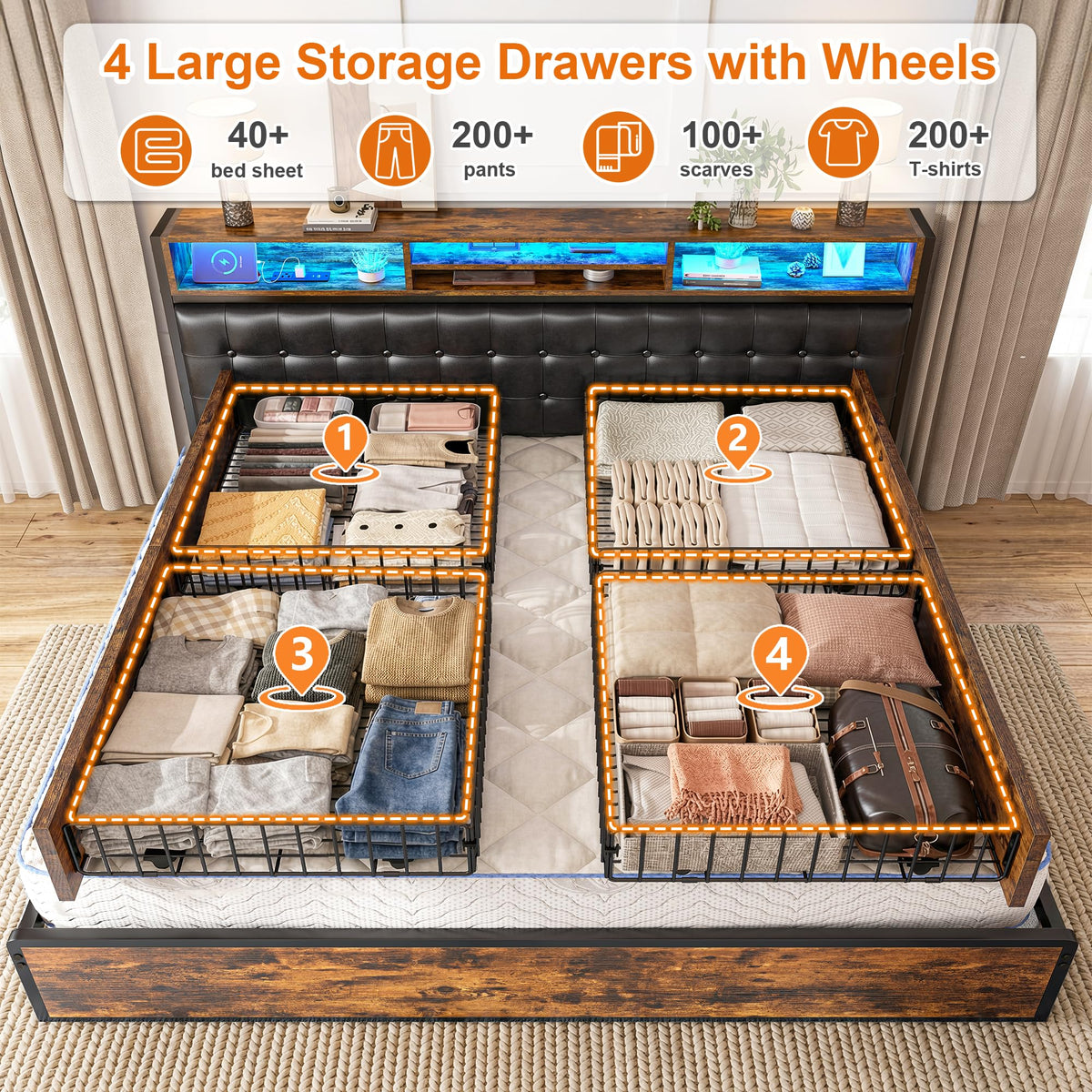 King Bed Frame with 4 Drawers D33302