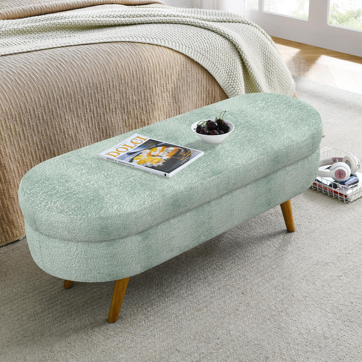 Oval Storage Bench with Rubber Wood Legs Gray A379