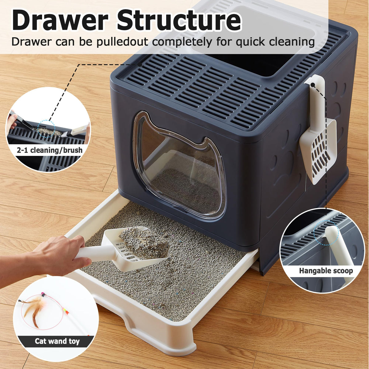 Top Entry Covered Cat Litter Box with Scoop and Brush T307
