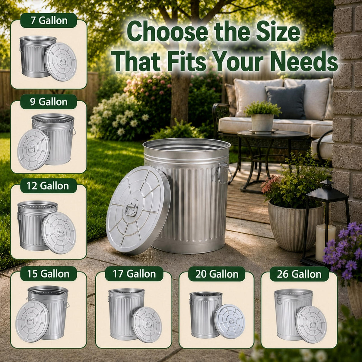 7 Gallon Galvanized Steel Trash Can with Lid A711