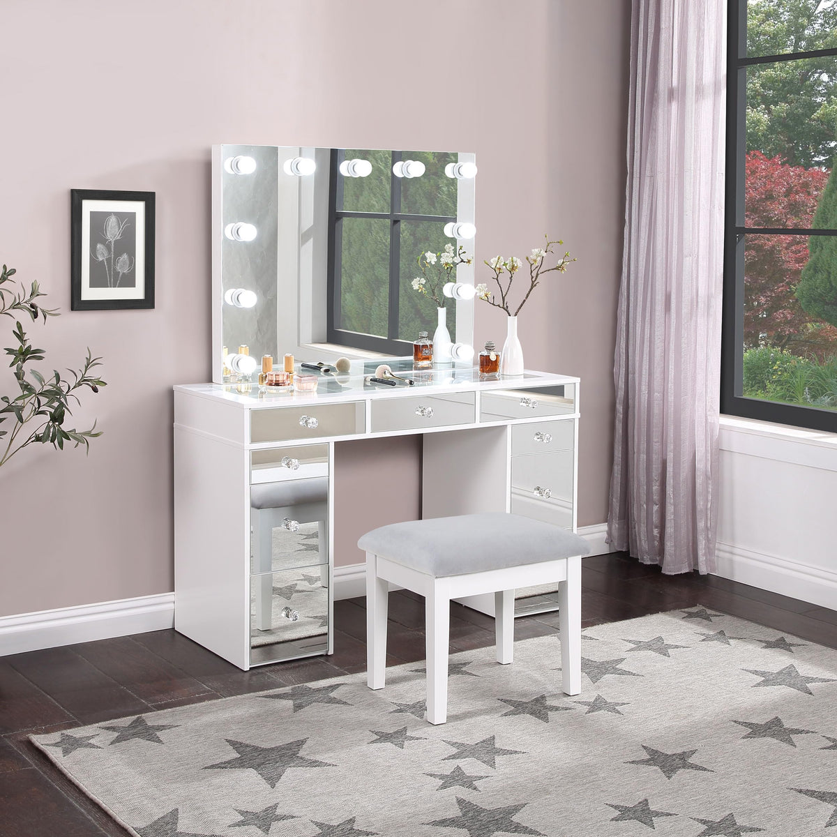 White Velvet 9-Drawer Vanity Table Set Q1085