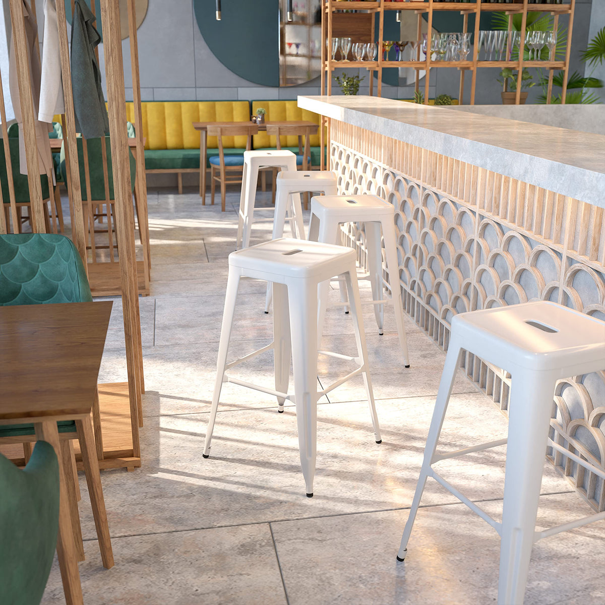 White Metal Indoor-Outdoor Barstool with Square Seat S899248